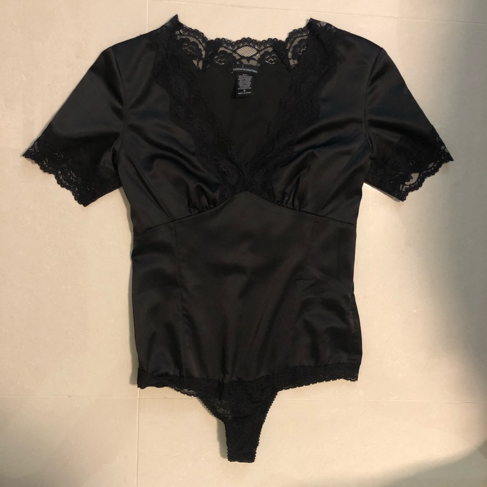MODA Satin and Lace Black Bodysuit